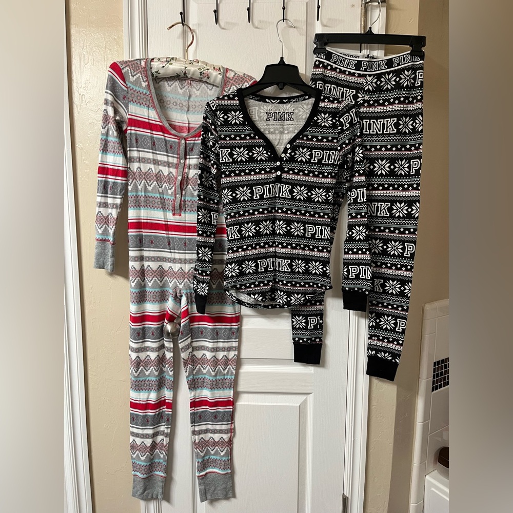 PINK Victoria's Secret Black and Gray, Pink and Grey Lounge 2 piece and Onesie.